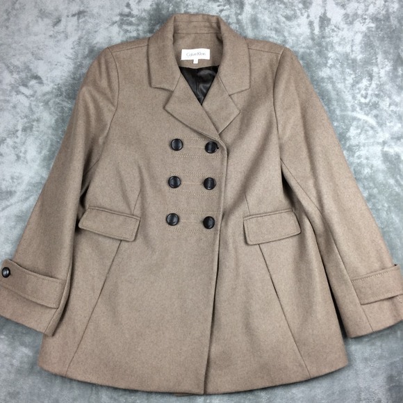 Calvin Klein Jackets & Blazers - Calvin Klein Pea Coat Women 14 Tan Wool Blend Double Breasted Preppy Military